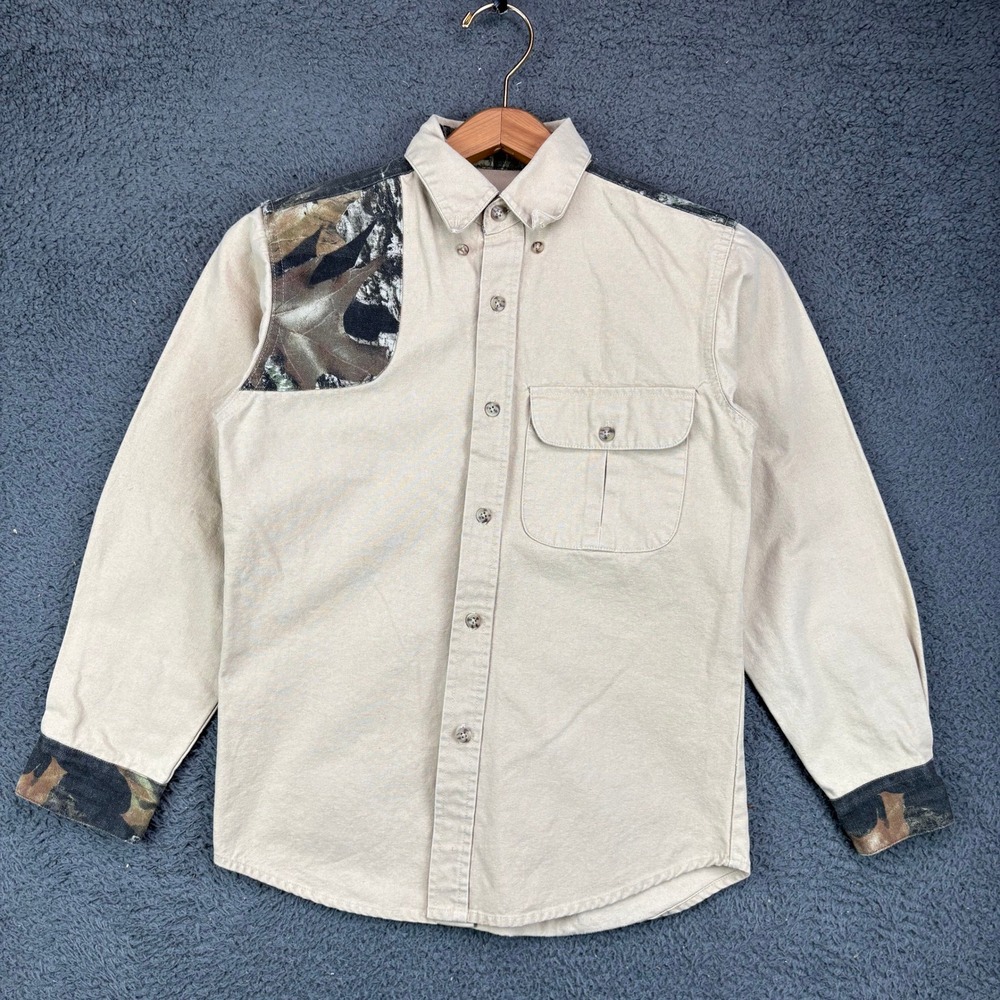 Game Winner Kids Medium Tan Camo Patch Long Sleeve Button Down Hunting Shirt